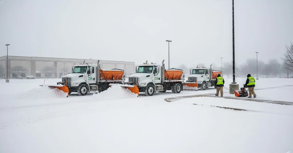 Professional commercial snow plowing and sidewalk snow removal services at a business property in Buffalo, NY.