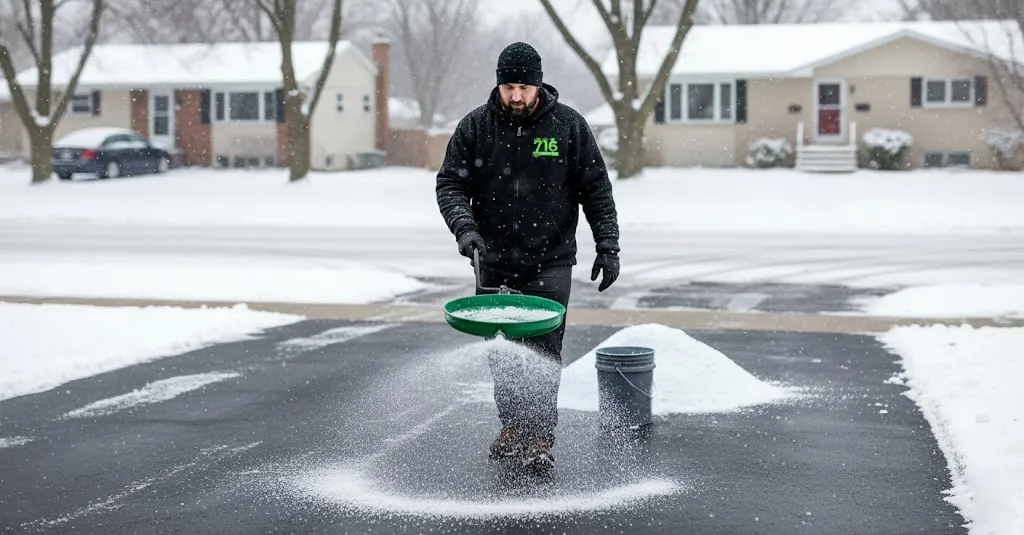 716 Lawn Care technician applying ice melt to a residential driveway for safe winter access in Buffalo, NY.