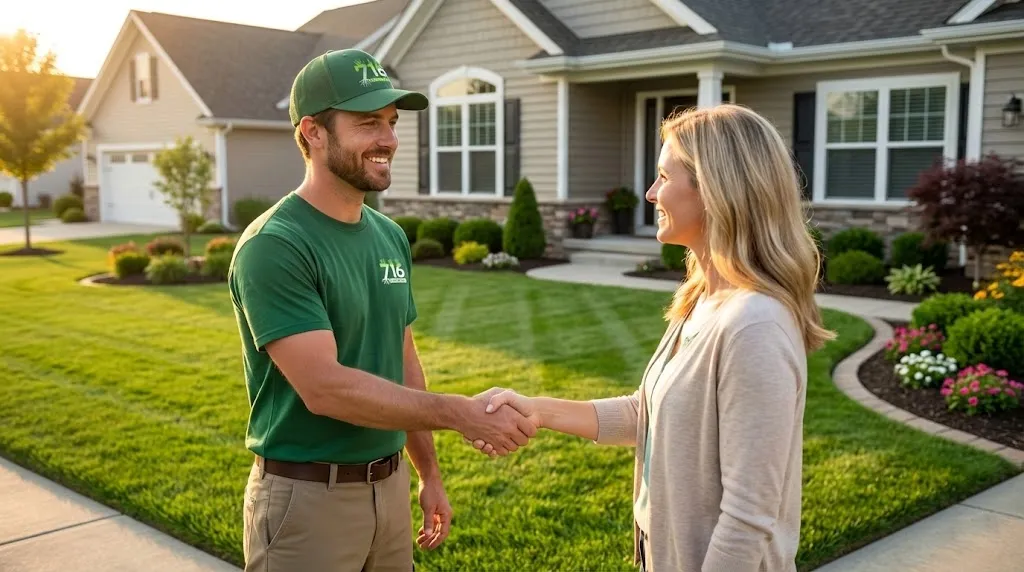 Professional 716 Lawn Care technician shaking hands with a satisfied homeowner after completing lawn maintenance service in Buffalo, NY.