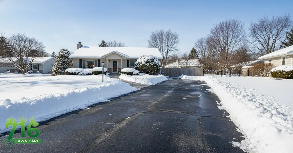 Freshly cleared residential driveway after professional snow removal service by 716 Lawn Care in Buffalo, NY.