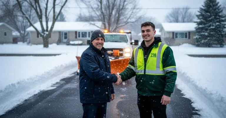 Happy homeowner thanking a 716 Lawn Care professional after reliable snow plowing service in Buffalo, NY.