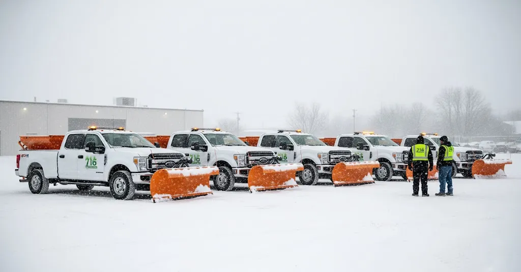 716 Lawn Care fleet of professional snow plow trucks ready to provide residential and commercial snow removal services in Buffalo, NY.