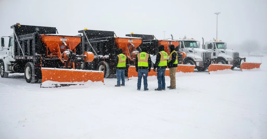 Experienced 716 Lawn Care snow removal crew preparing professional snow plow trucks for reliable winter services in Buffalo, NY.