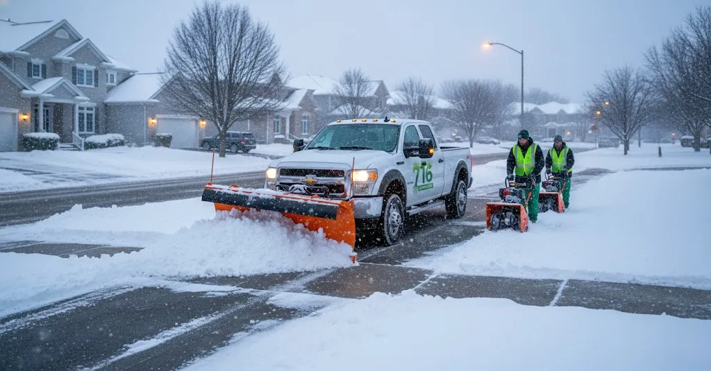 716 Lawn Care snow plow truck and crew clearing residential streets and sidewalks during a snowstorm in Buffalo, NY.