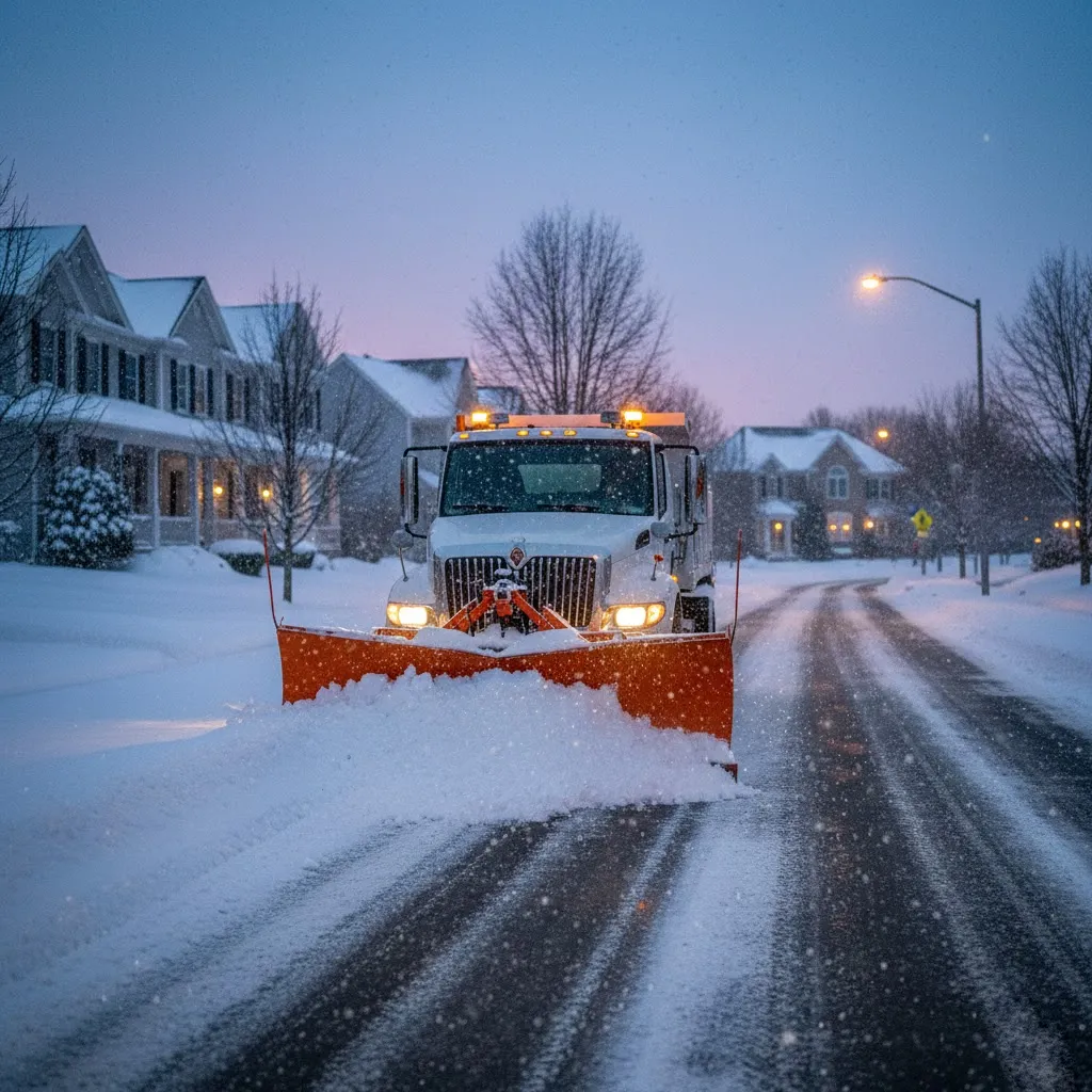 Professional snow plowing truck clearing snow from a residential street during a winter storm in Buffalo, NY.