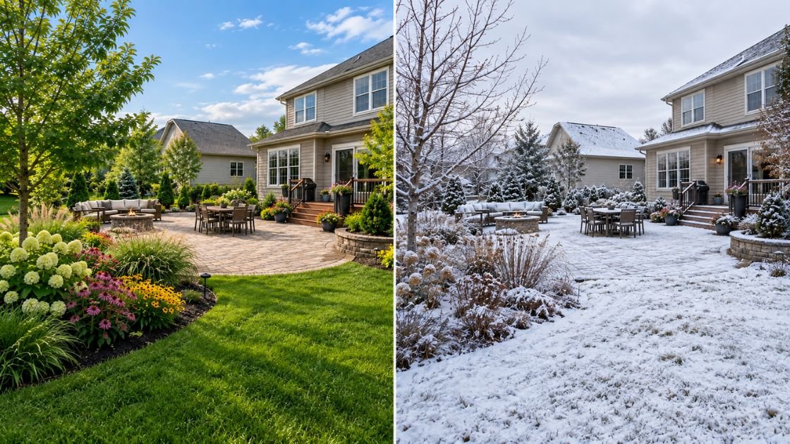Buffalo yard design showing summer and winter Landscaping Design Buffalo NY through the short growing season.