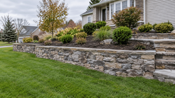 Retaining wall and hardscaping installation on a sloped Buffalo, NY yard