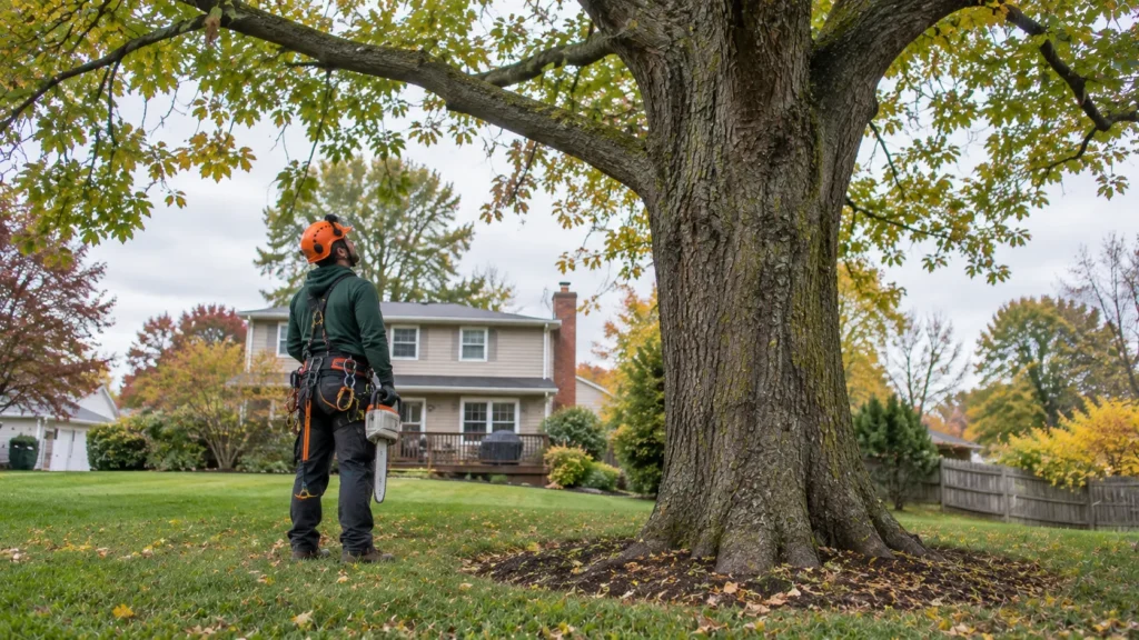 Arborist from 716 Lawn Care assessing a large tree in a Buffalo, NY backyard before deciding on trimming or removal