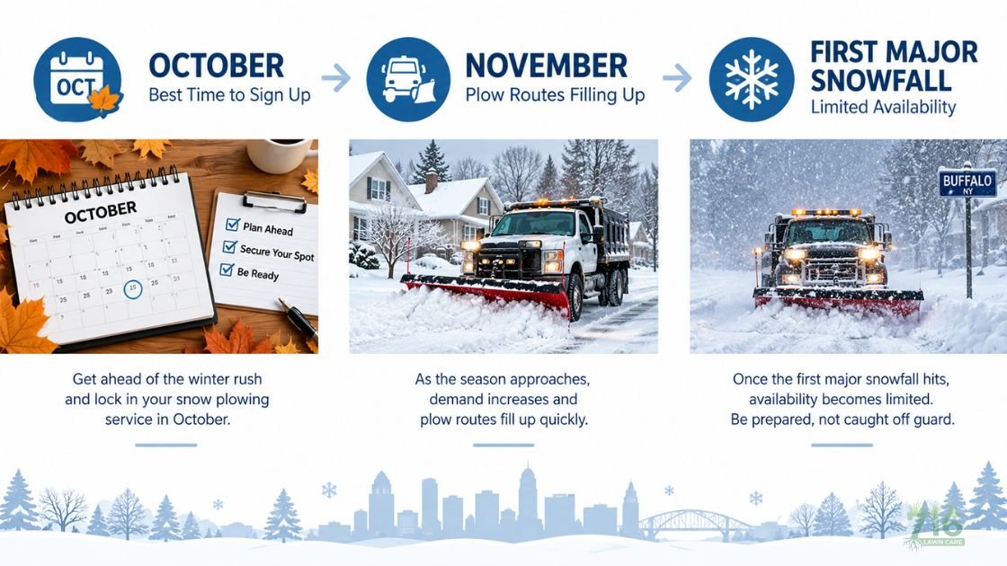 Buffalo NY snow removal service timeline showing October sign-up, November route demand, and first major snowfall availability