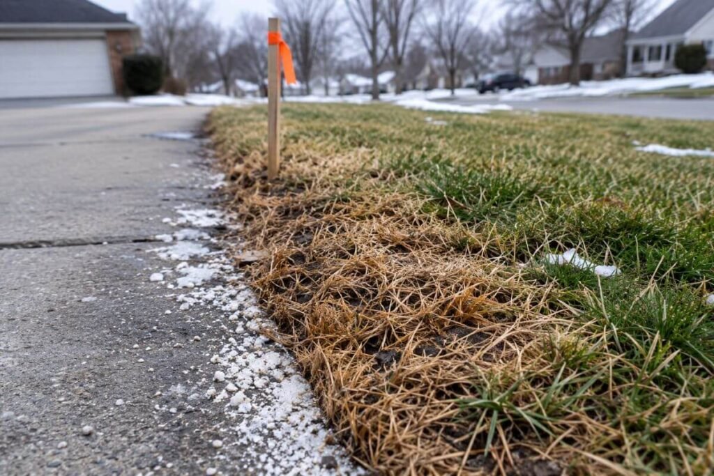 Road salt damage on grass near a Buffalo driveway