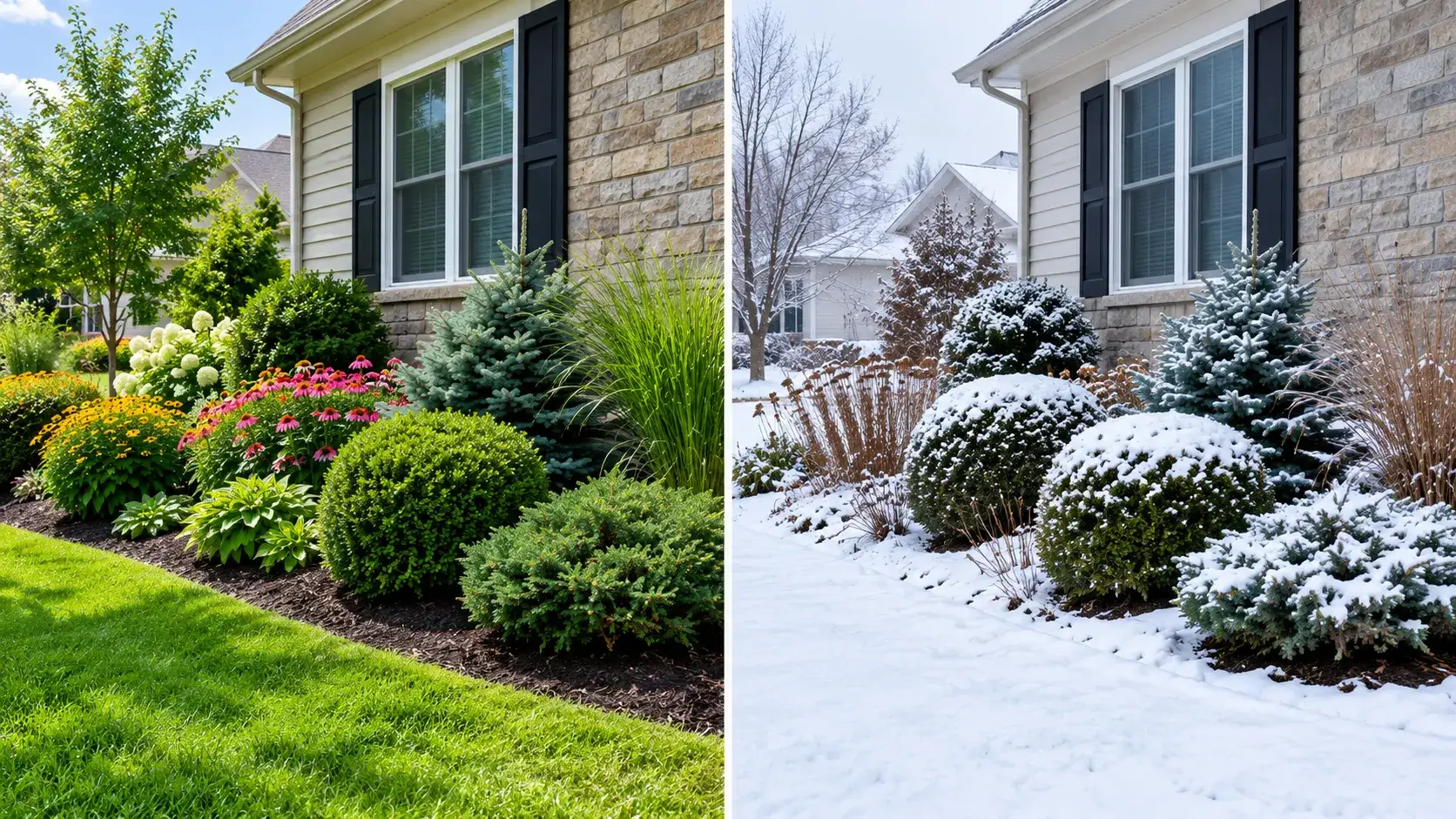 Evergreen arborvitae and boxwood bed in winter and summer